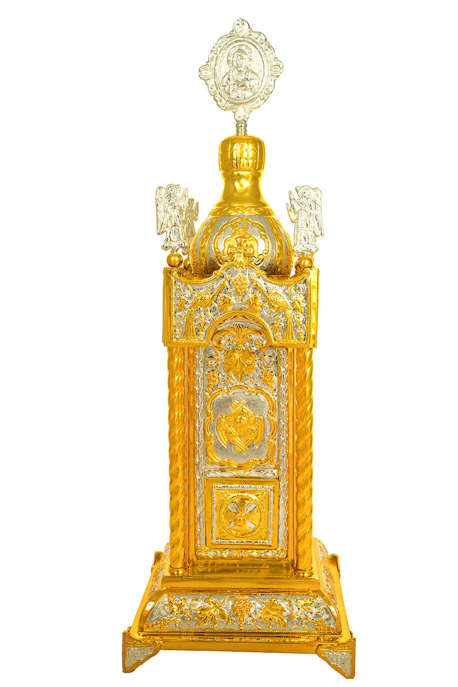 Holy Table Orthodox Tabernacle Rectanqular with Colums Metal Decorations Gold and Silver Plated