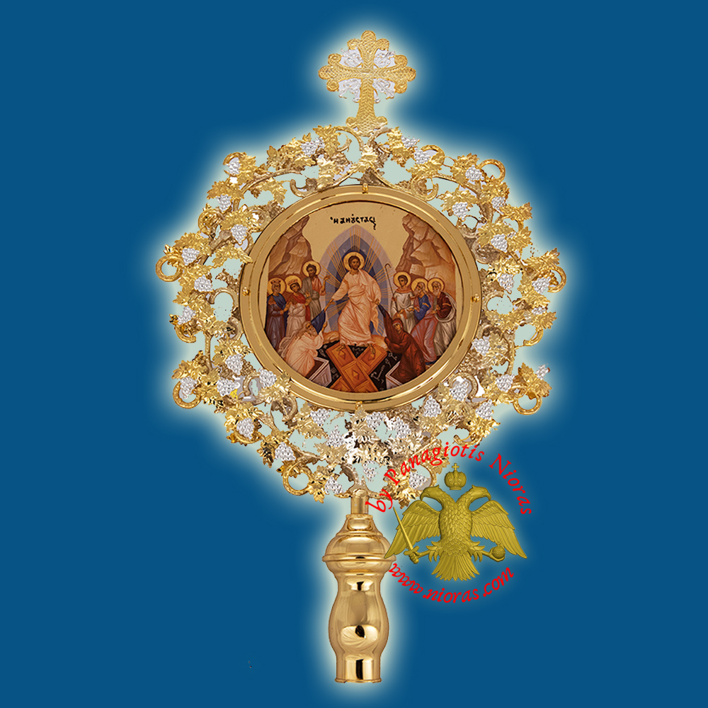 Orthodox Wooden Resurrection Metallic Fan Banner Round Gold and Silver Plated