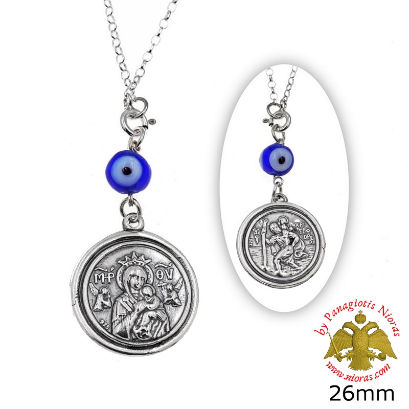Orthodox Silver Icon Car Amulet Theotokos with Saint Christopher Double Sided 26mm