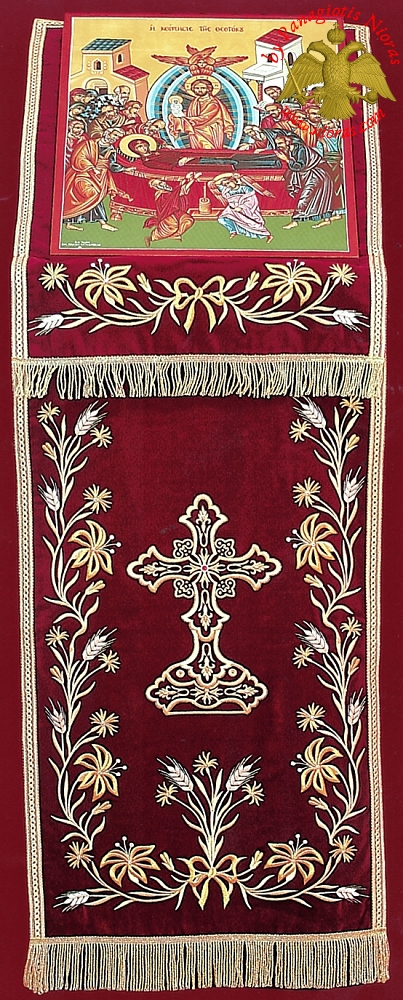 Orthodox Iconostasis Velvet Cover with Golden Cross and Flowers Embroidery