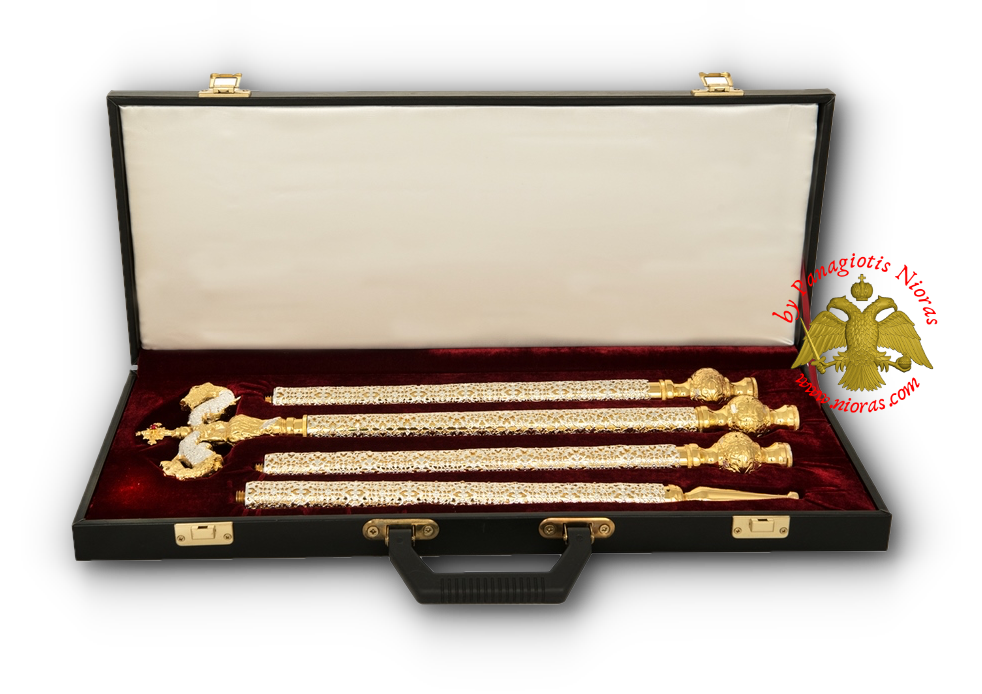 Orthodox Bishop Crosier with Leather Suitcase Silver & Gold Plated