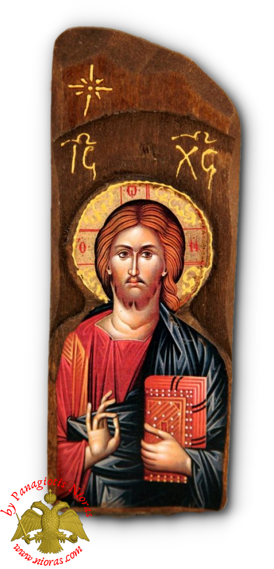 Antique Holy Christ Pantokrator Icon in Carved Shape Natural Wood