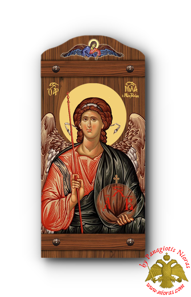 Byzantine Wooden Icon of Archangel Michael With Angel in the TopCenter