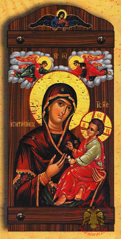 Byzantine Wooden Icon of Holy Virgin Mary Gorgoepikoos With Angel in the TopCenter