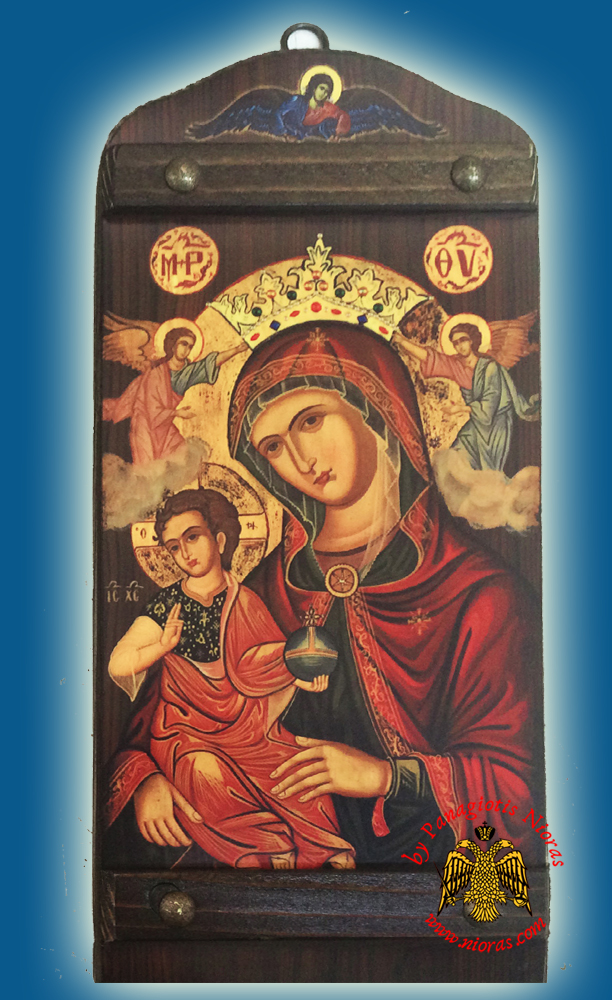 Byzantine Wooden Icon of Holy Virgin Mary of Corfu With Angel in the TopCenter