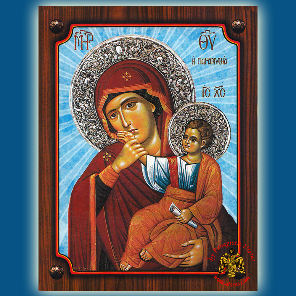 Wooden Orthodox Icon Holy Virgin Mary Paramithias with Blue BackGround