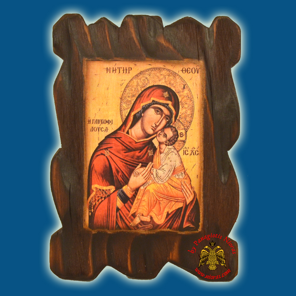 Orthodox Wooden Icon of Holy Theotokos Carved Wood With Burned Page