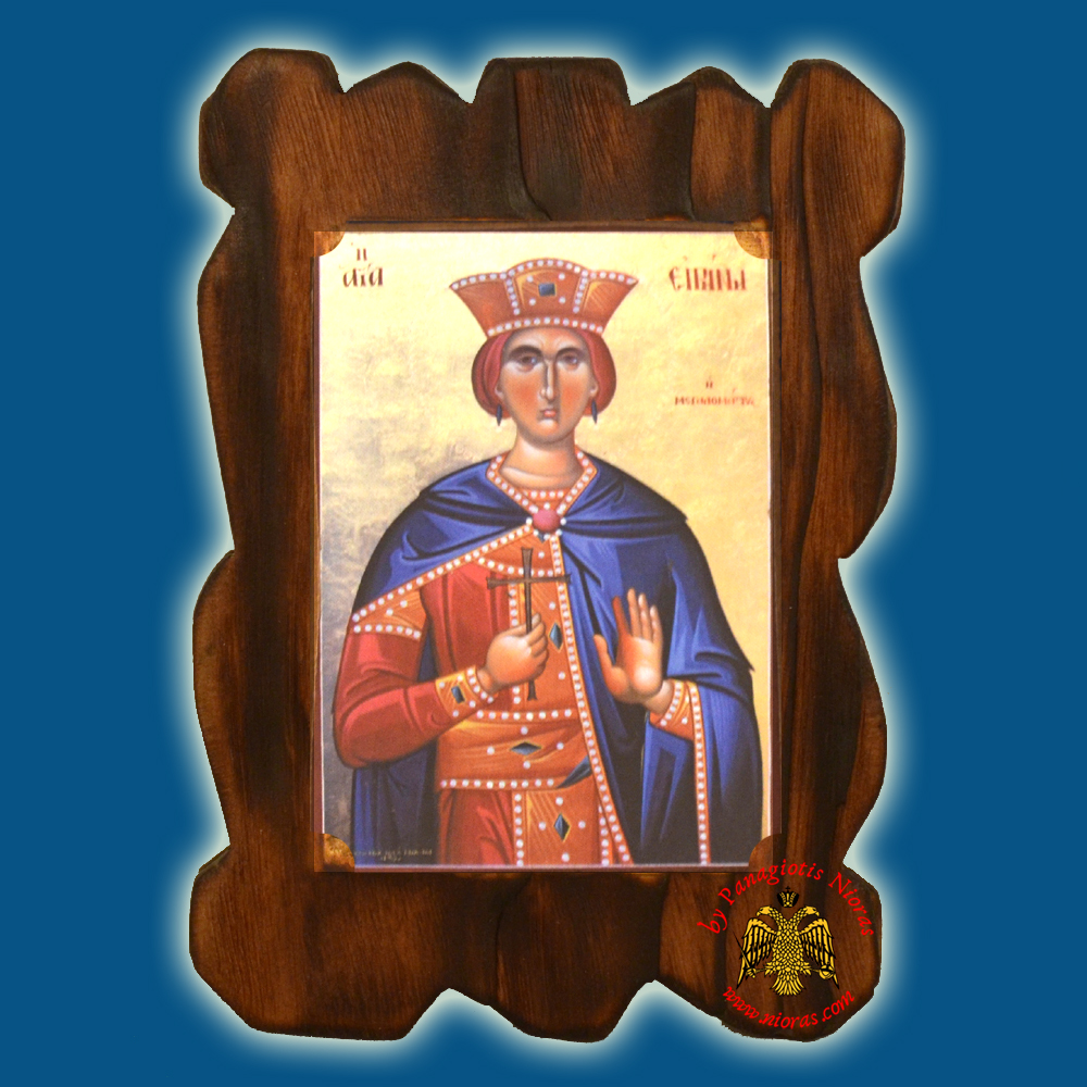 Orthodox Wooden Icon of Saint Eirini on Natural Wood With Burned Carved Details