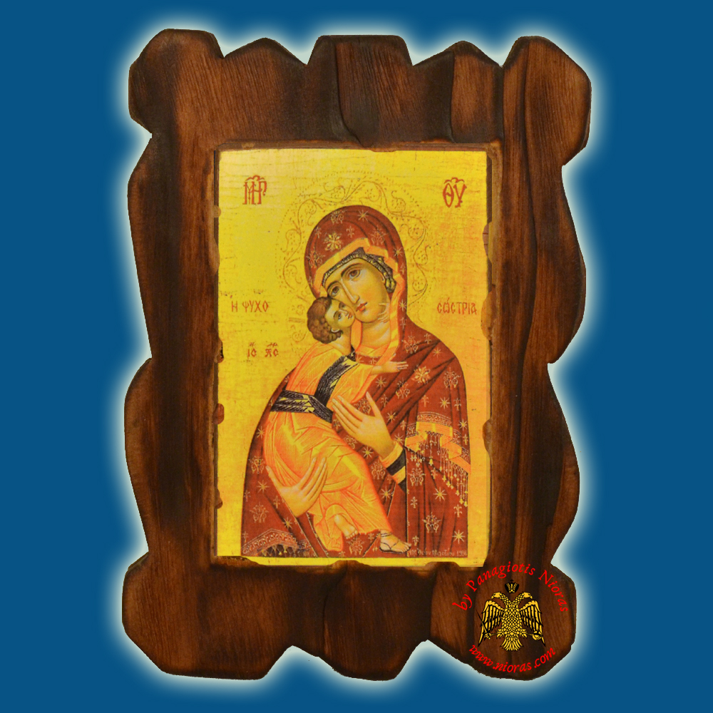 Orthodox Wooden Icon of Theotokos Psichosotria on Natural Wood With Burned Carved Details