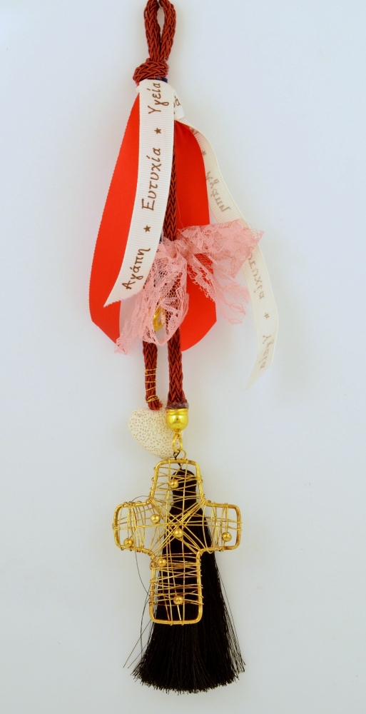 Lucky Charm Metal Brass Cross with Wish Ribbon with Red Tassel