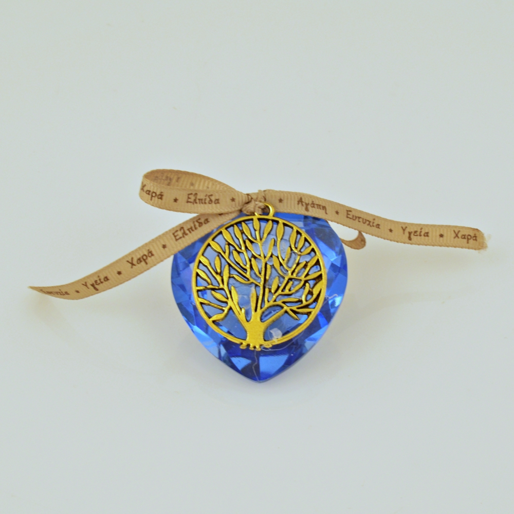 Lucky Charm Blue Crystal Heart with Brass Tree and Wish Ribbon