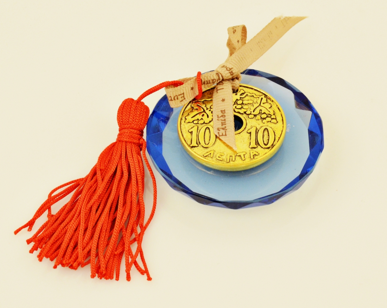 Lucky Charm Wish Ribbon Greek Old Coin on Round Blue Crystal