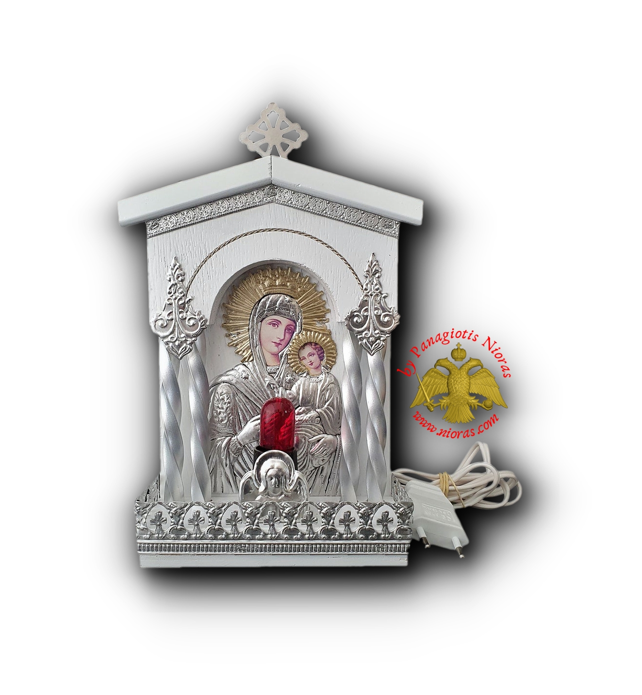 Traditional Orthodox Iconostasis with Electric Lamp White Coloured Theotokos Icon 13x22cm