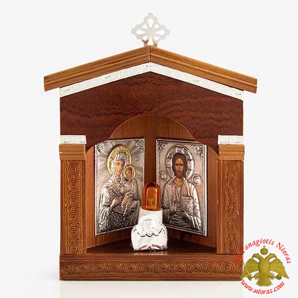 Traditional Orthodox Wooden Iconostasis with Electric Lamp Corner 17x25cm