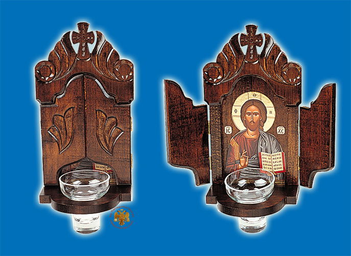 Orthodox Traditional Woodcarved Iconostasis with Christ Icon and Glass Oil Cup 14x30cm