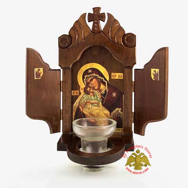 Orthodox Traditional Woodcarved Iconostasis with Theotokos Icon and Glass Oil Cup 14x30cm