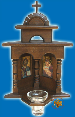 Orthodox Traditional WoodCarved Corner Icon with Glass Oil Cup
