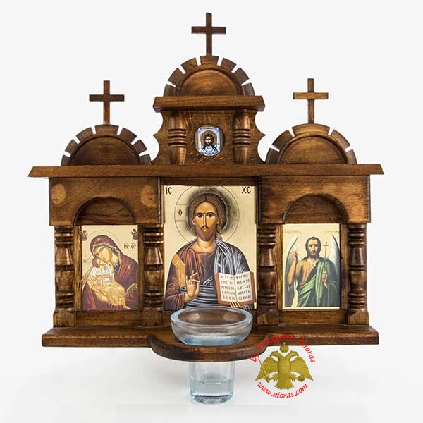 Orthodox Traditional WoodCarved Triptych Icon with Glass Oil Cup