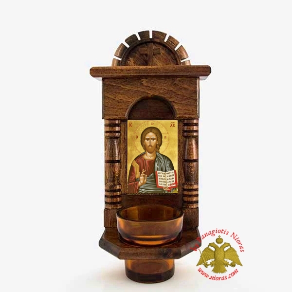 Orthodox Traditional Wooden Iconostasis with Jesus Christ Holy Icon offered with Glass Oil Cup
