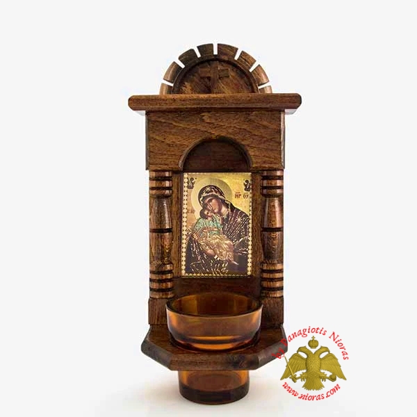 Orthodox Traditional Wooden Iconostasis with Theotokos Holy Icon offered with Glass Oil Cup