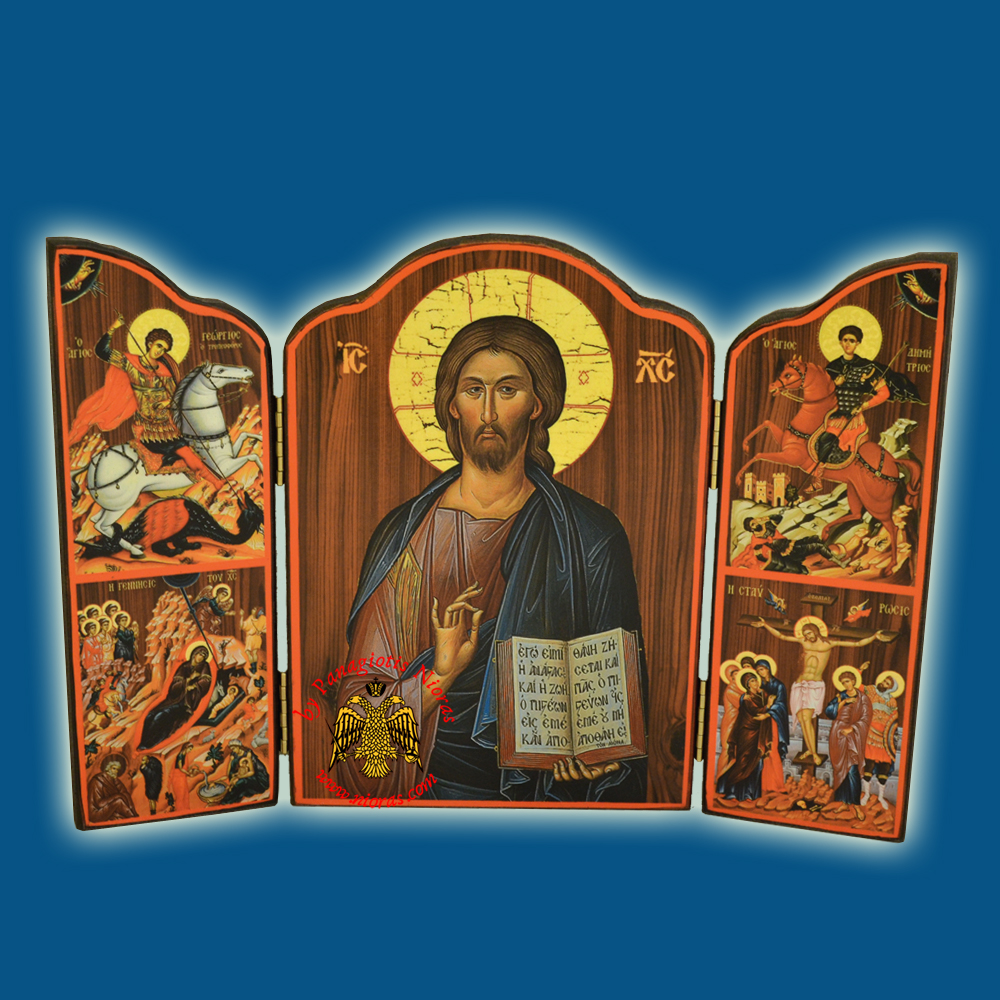 Orthodox Wooden Triptych With Holy Annunciation and Inner Christ Icon 10x14cm