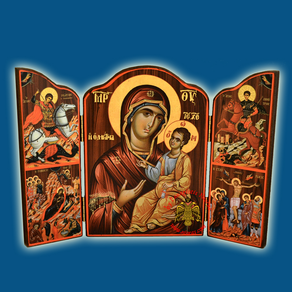 Orthodox Wooden Triptych With Holy Annunciation and Inner Panagia Icon 10x14cm