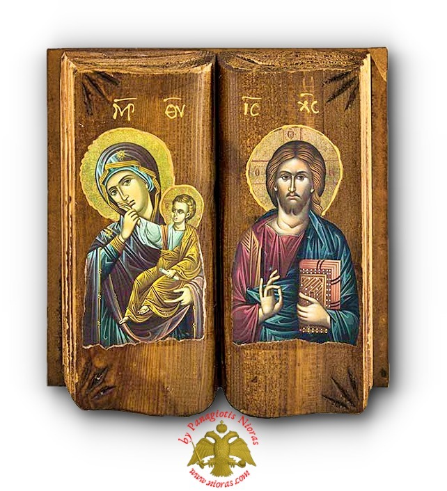 Orthodox Diptych Wooden Book with Holy Icons Theotokos and Christ 20x23cm