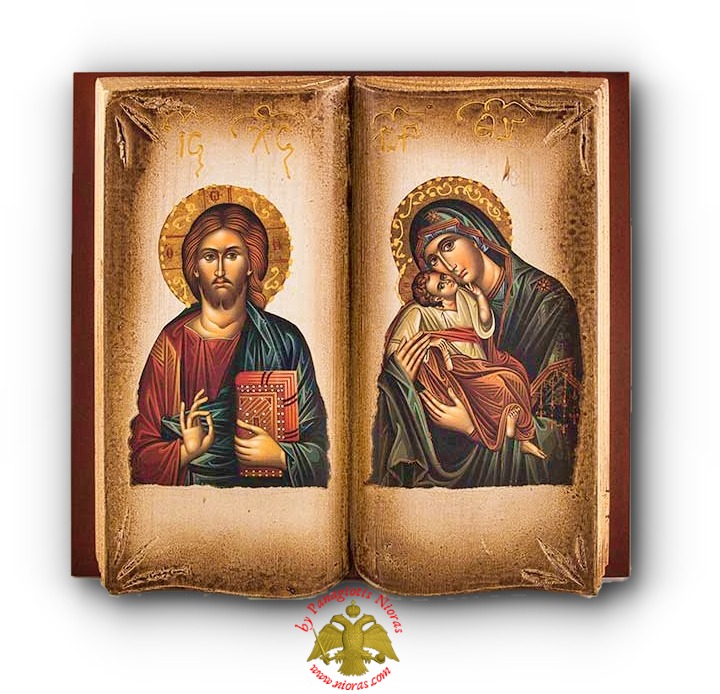 Orthodox Diptych Wooden Book with Holy Icons Theotokos and Christ 30x32cm