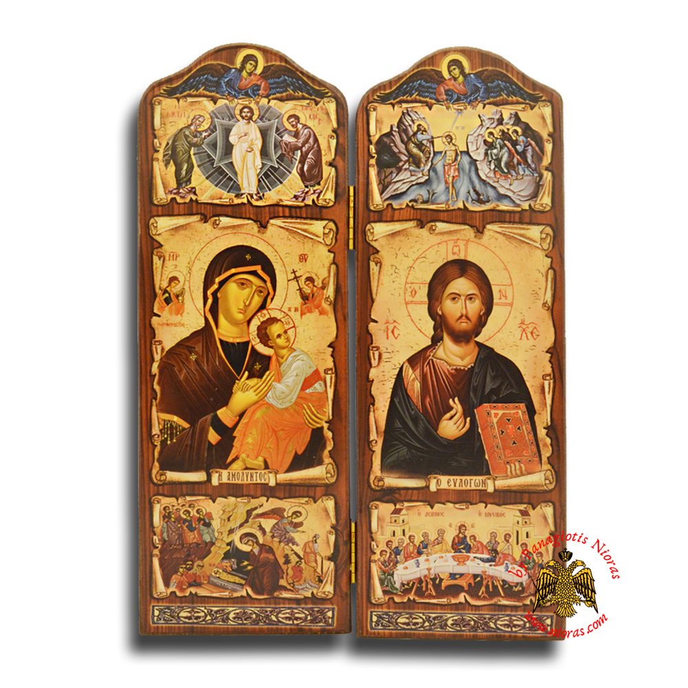 Orthodox Wooden Diptych with Holy Icons of Christ and Panagia Long 29x20cm