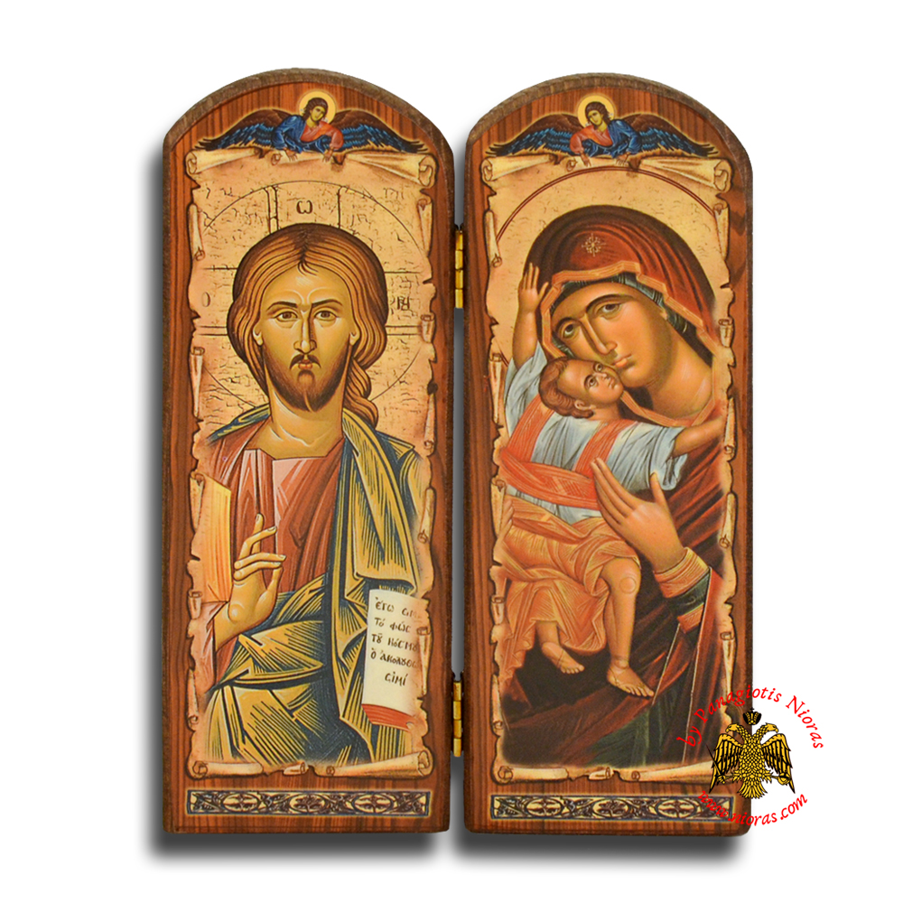 Orthodox Wooden Diptych with Holy Icons of Christ and Panagia Long 20x14cm
