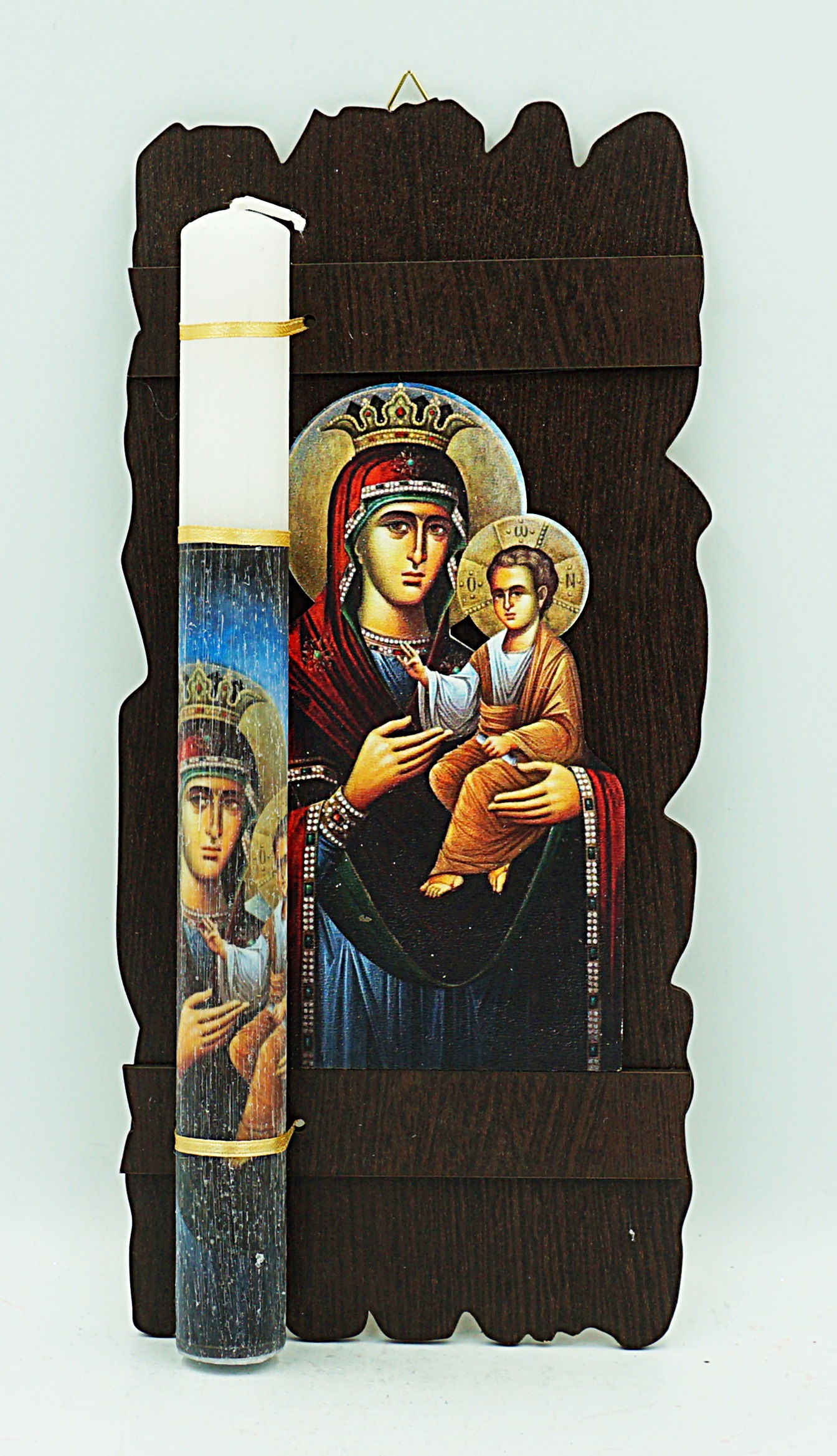Easter Pascha Candle With Wooden Icon of Theotokos Holy Icon