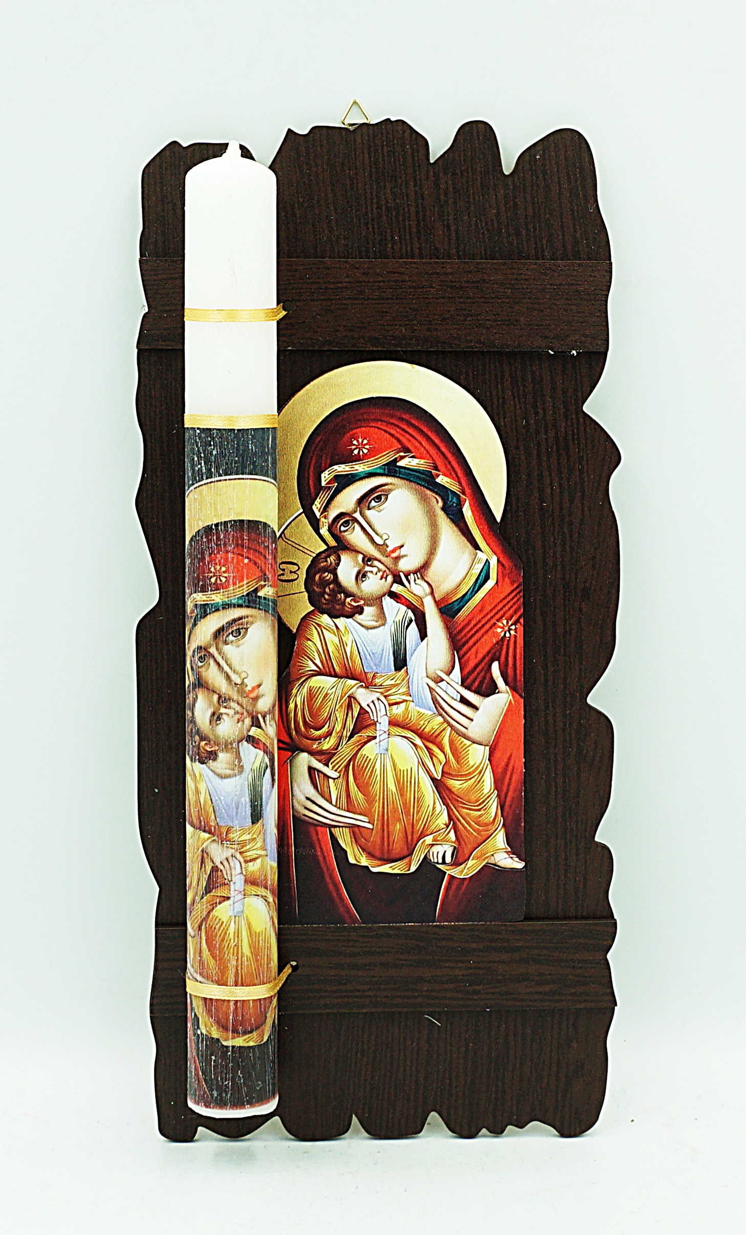 Easter Pascha Candle With Wooden Icon of Theotokos SweetKissing Holy Icon