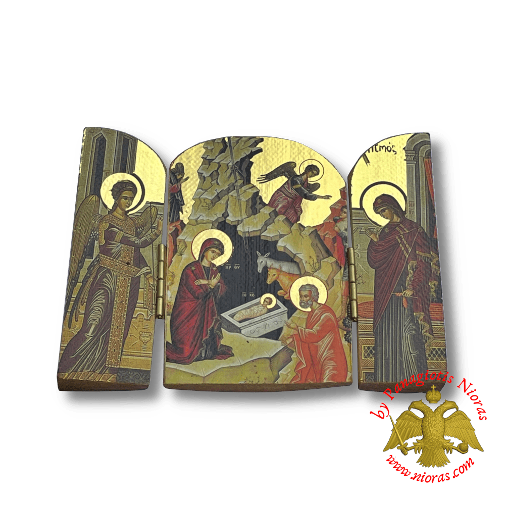 Orthodox Wooden Triptych Nativity Icon 10cm x 7cm Gold Leaf Paper