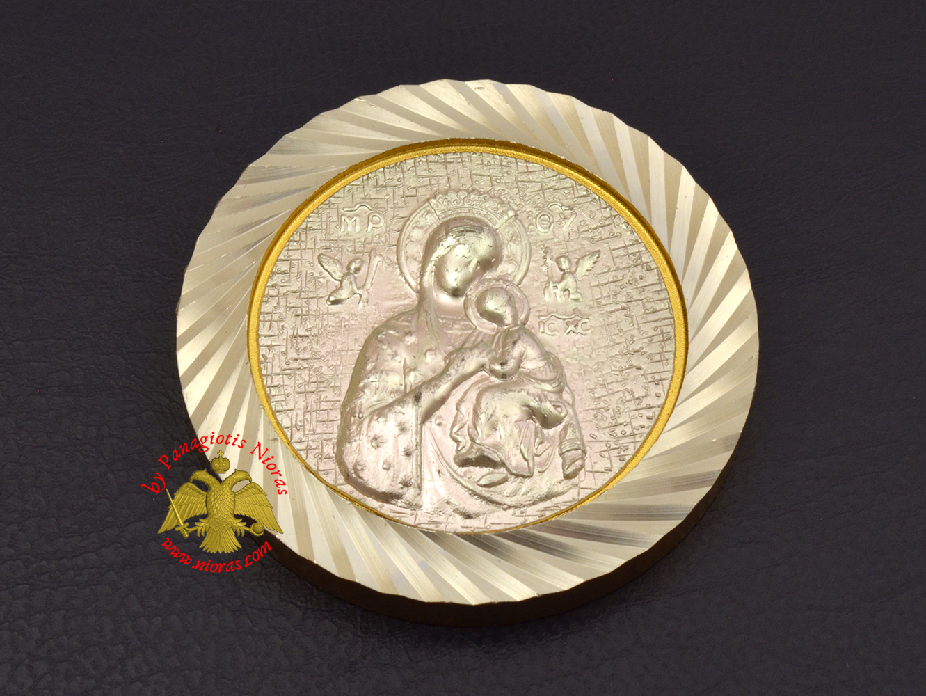 Magnetic Orthodox Icon Theotokos Panagia in Diamond Cut Golden Aluminum Frame 46mm