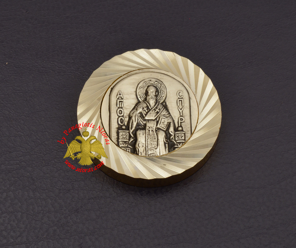 Magnetic Orthodox Icon Saint Spyridon in Diamond Cut Golden Aluminum Frame 33mm