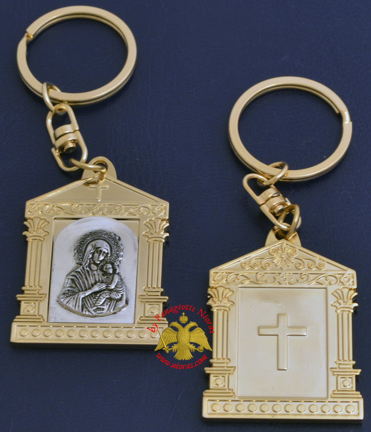 Orthodox Metal Keyring Church Design Gold Plated Panagia Theotokos Holy Icon