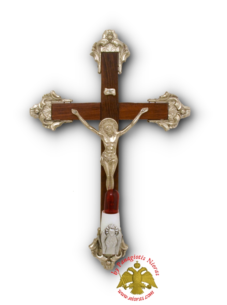 Orthodox Wooden Cross With Metal Christ Corpus and Electric Lamp 20x30cm