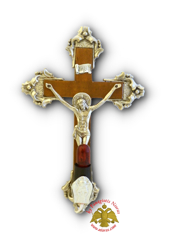 Orthodox Wooden Cross With Metal Christ Corpus and Electric Lamp 17x25cm