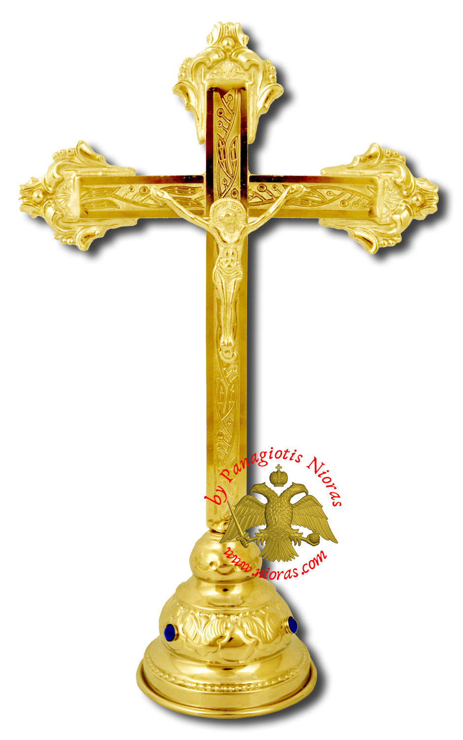 Decorated Metal Cross Jesus with Base Gold Plated 14x30cm