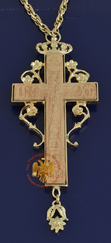 Pectoral Cross for Priest Gold Plated Engraved Pyrography Crucifixion in the Front 5x8cm