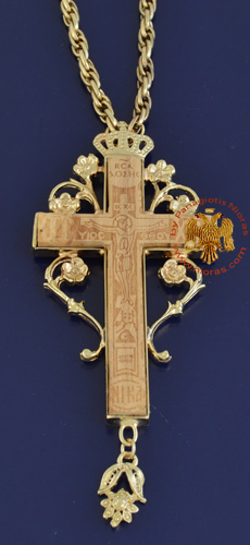 Pectoral Cross for Priest Gold Plated Engraved Pyrography Crucifixion in the Front 4x6cm