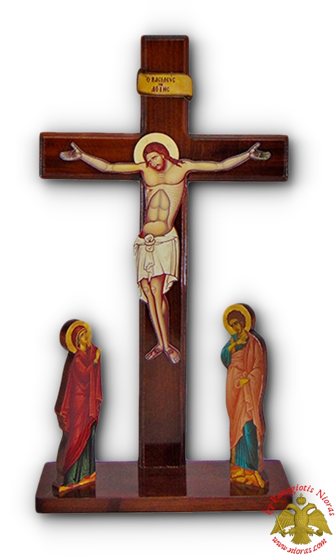 Cross Orthodox Wooden Crucifixion Golgotha with Theotokos and Saint John Lipiteron 16x26cm