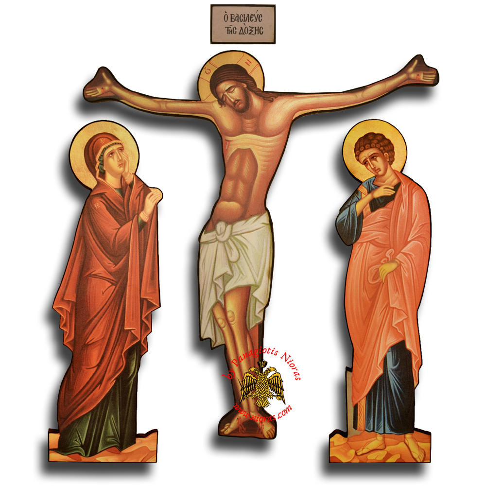 Orthodox Canvas Icon Jesus Christ Corpus with Holy Theotokos and Saint John figures molded on Wood Set H: 90cm