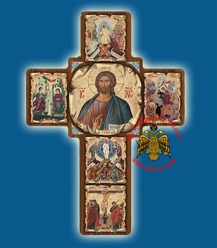 Cross Byzantine Paper On Wood with Center Icon of Christ 14x20cm
