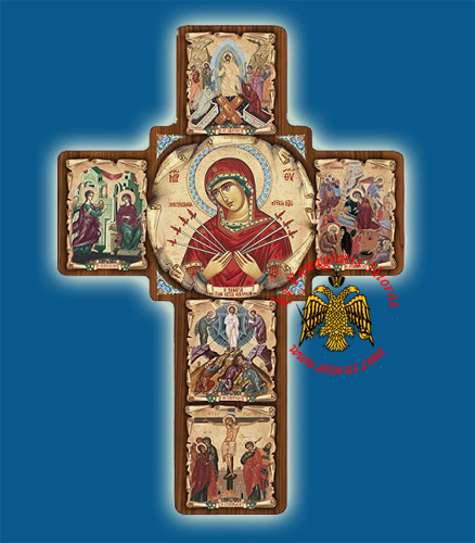 Cross Byzantine Paper On Wood with Center Icon of Holy Virgin Mary 19x27cm