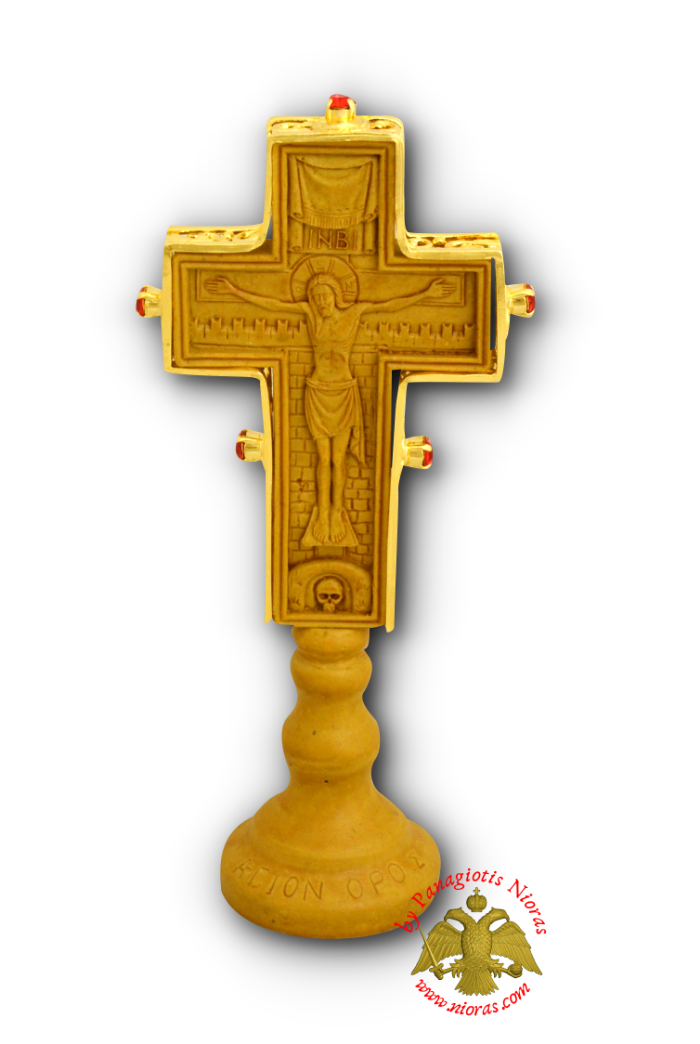 Wooden Orthodox Cross Double Sided With Base Baptism and Crucifixion With Metal Decorations 7x21cm