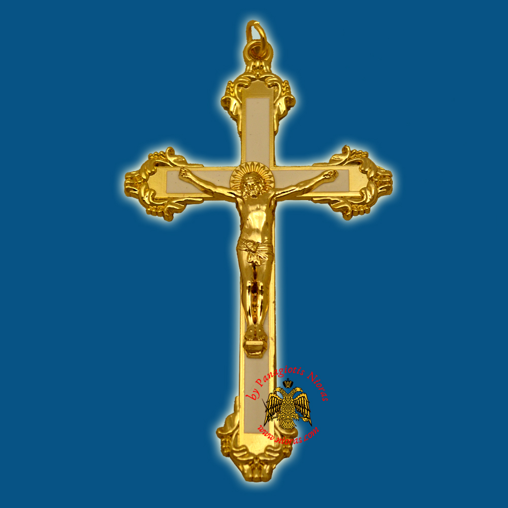 Orthodox Metal Hanging Cross with White Profile 11x6.5cm Gold Plated
