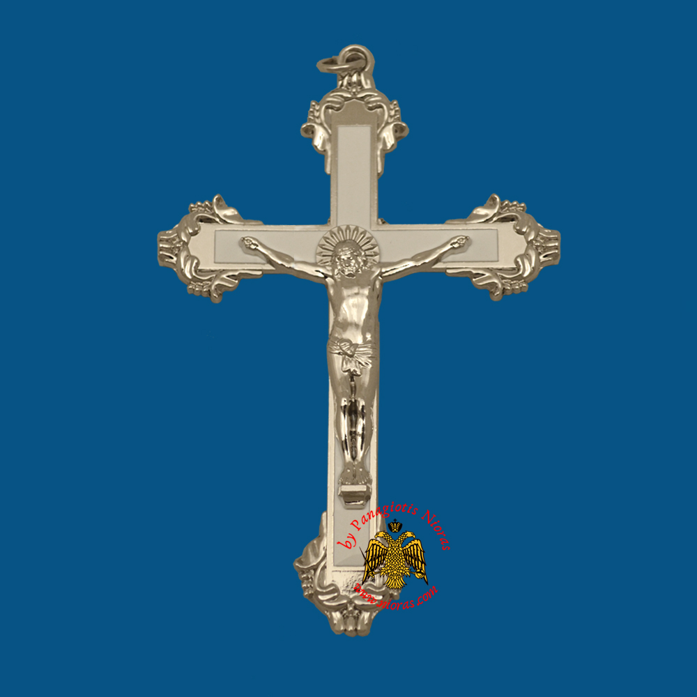 Orthodox Metal Hanging Cross with White Profile 11x6.5cm Silver Plated