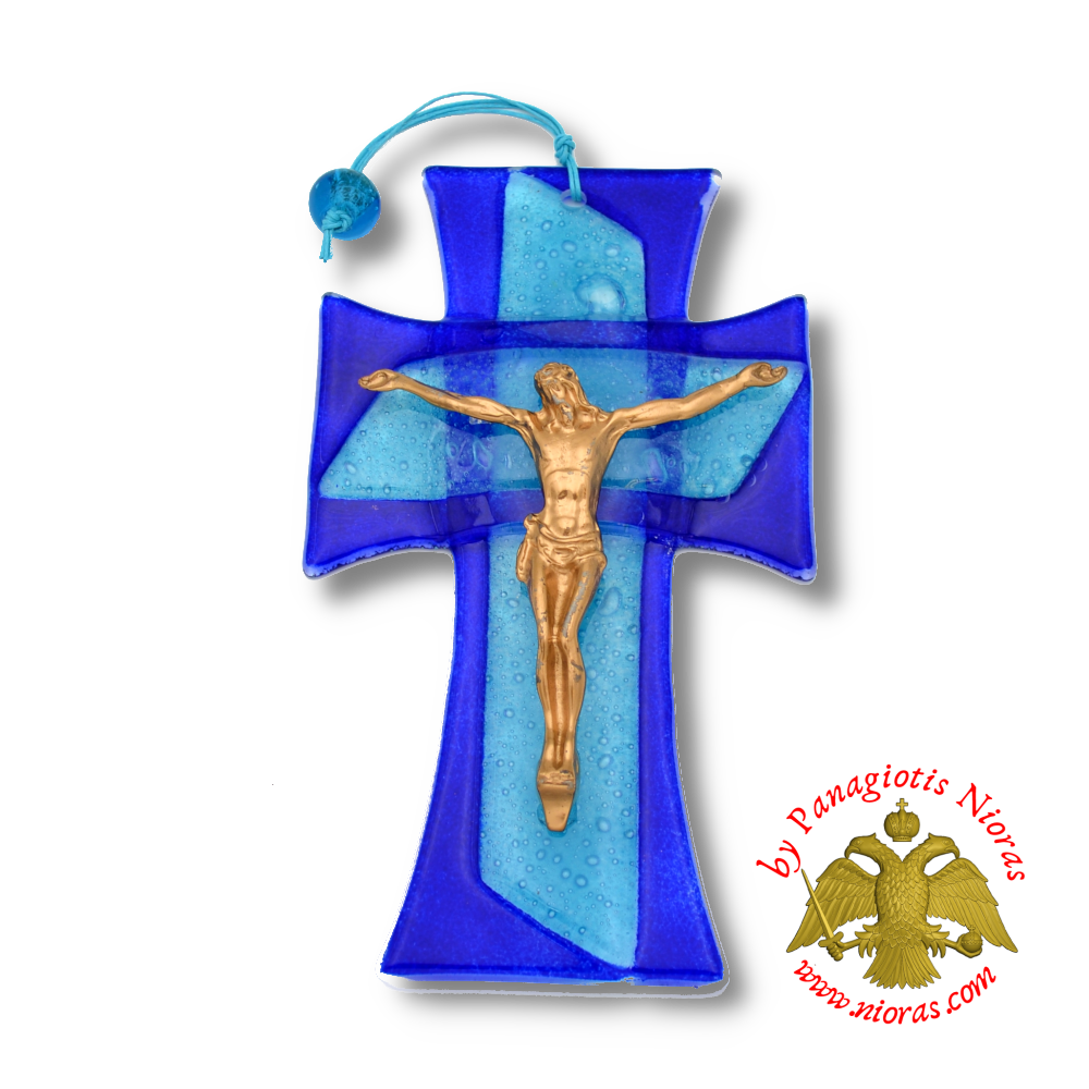 Orthodox Blown Glass Blue Cross With Metal Brass Christ figure