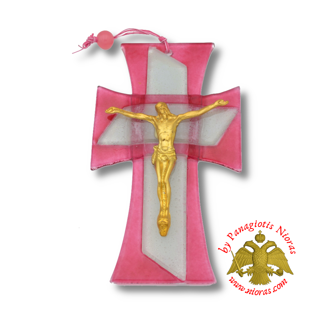 Orthodox Blown Glass Pink Cross With Metal Brass Christ figure